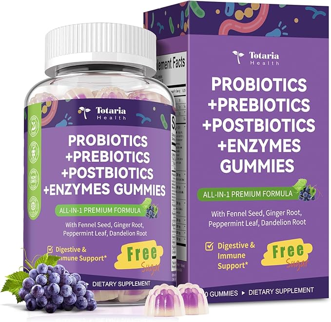 Sugar Free 5-in-1 Probiotic Prebiotic Postbiotic Gummy, 36 Strains Probiotics for Women Men with Digestive Enzymes, Peppermint, Complete Immune, Gut & Digestive Support, Vegan, 60 Ct, Grape Flavor