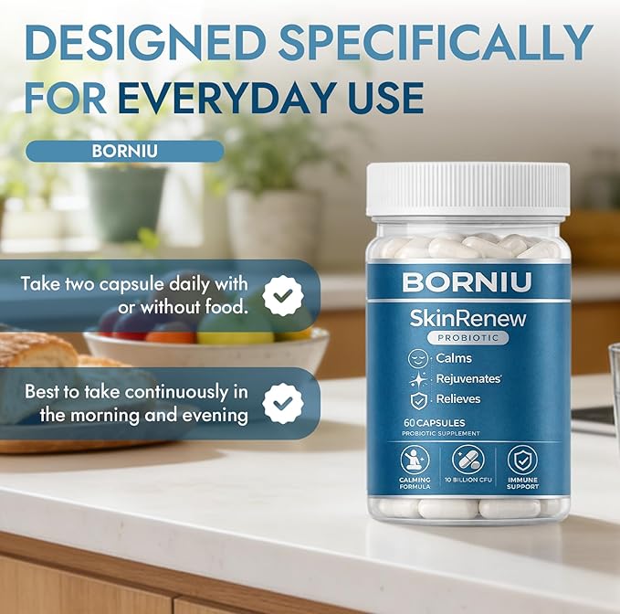 Borniu SkinRenew Probiotic for Gut and Skin Support, 5 Targeted Probiotic Strains Plus Inulin Prebiotic Fiber, Vegan, Non-GMO, 60 Capsules(1pc)