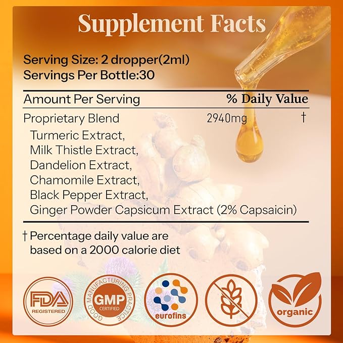 Turmeric Curcumin Complex Liquid Drops with Milk Thistle, Dandelion & Chamomile | High-Absorption Herbal Blend with Black Pepper & Ginger | Orange Flavor | 2 fl oz