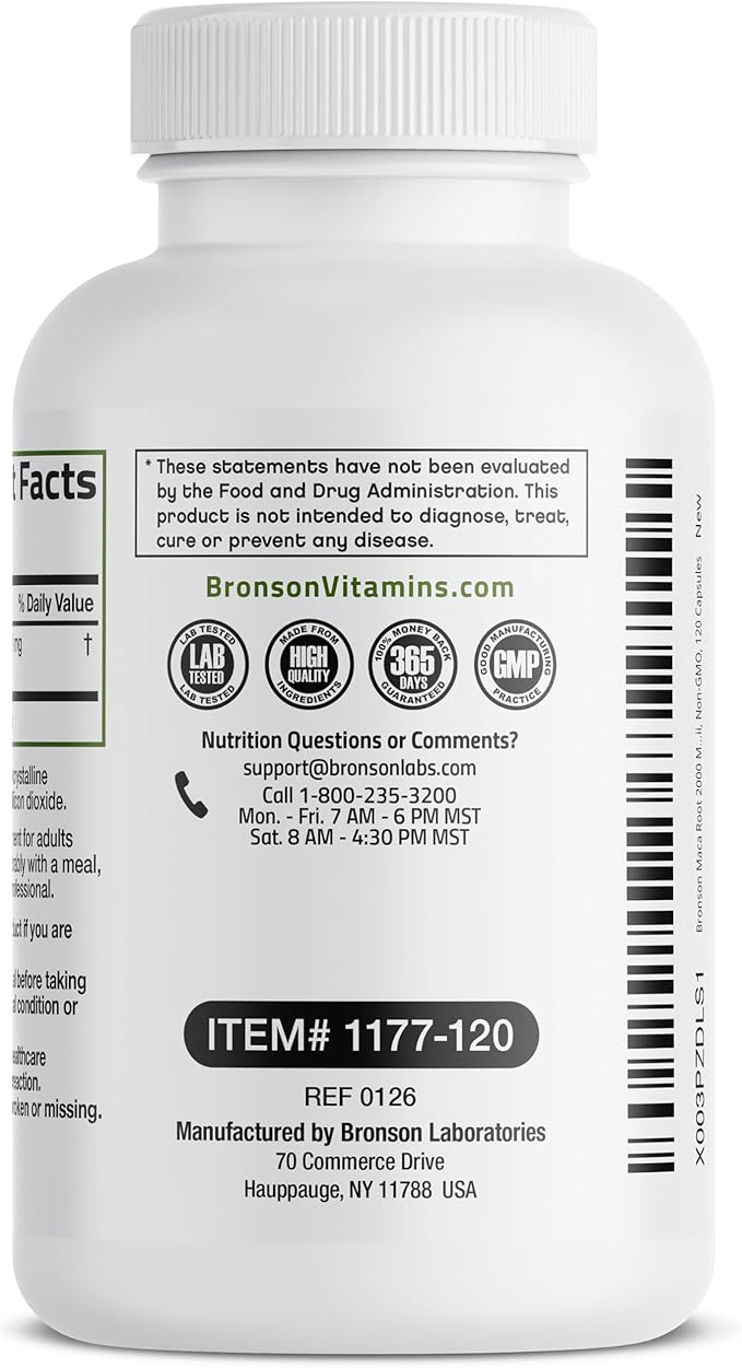 Bronson Maca Root Lepidium Meyenii Non-GMO, 120 Vegetarian Capsules