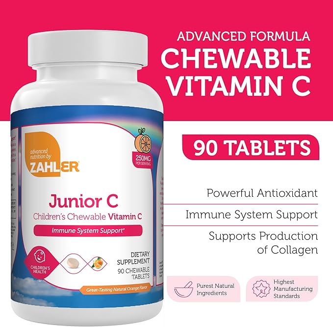 Zahler Junior C Advanced Chewable Vitamin C for Kids - Vitamins in Delicious Orange Flavor - Kosher Kids Vitamin C for Immunity - Chewable Antioxidant - (90 Count)