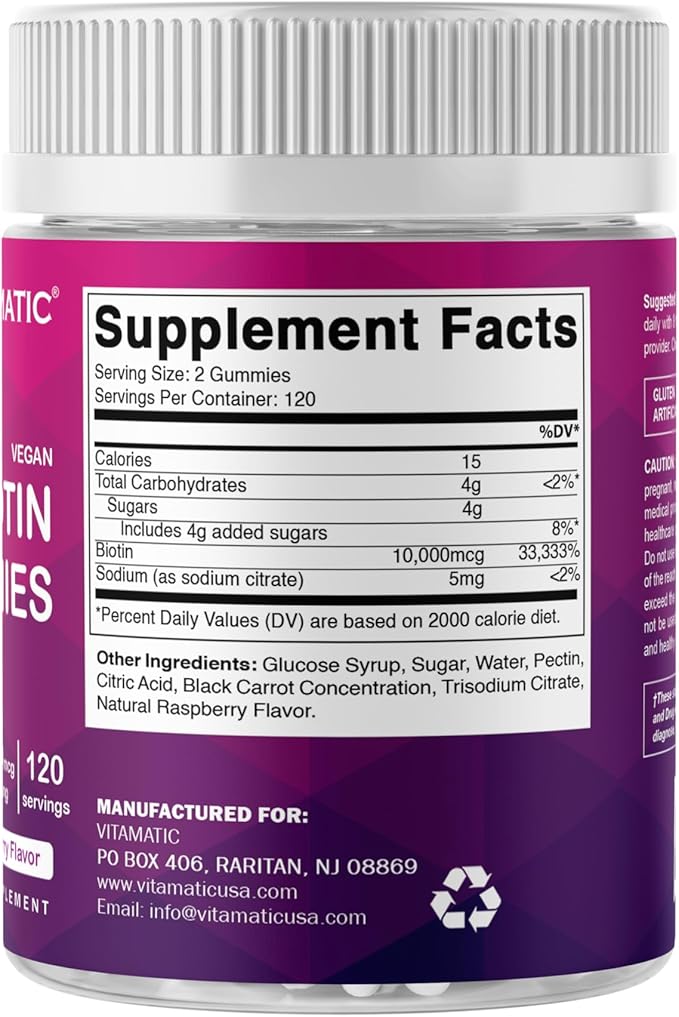 Vitamatic Biotin Gummies 10,000 mcg for Stronger Hair, Skin & Nails - 240 Vegan Gummies - Also Called Vitamin B7