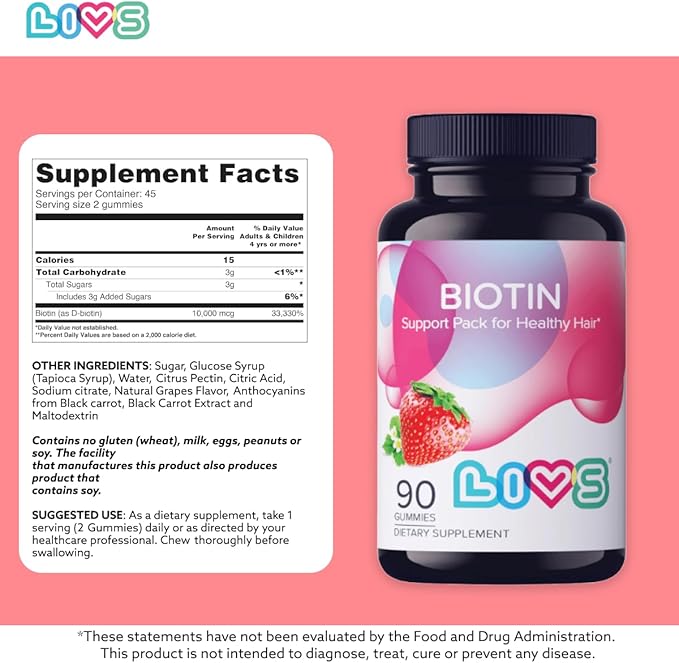LIVS Biotin Gummies 10000mcg – Supports Healthy Hair, Skin & Nails | Vitamin B7 Supplement for Women & Men | Natural Grape Flavor | Vegan, Gluten Free & Non-GMO | 180 Count with 90 Servings