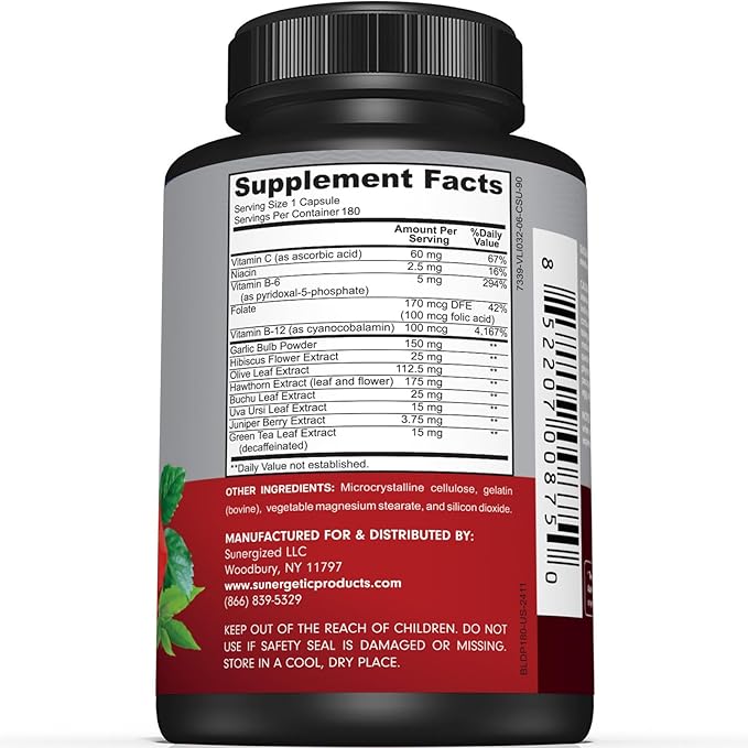 Sunergetic Premium Blood Pressure Support Supplement for Cardiovascular & Heart Health with Garlic, Hawthorn & Hibiscus (180 Capsules)
