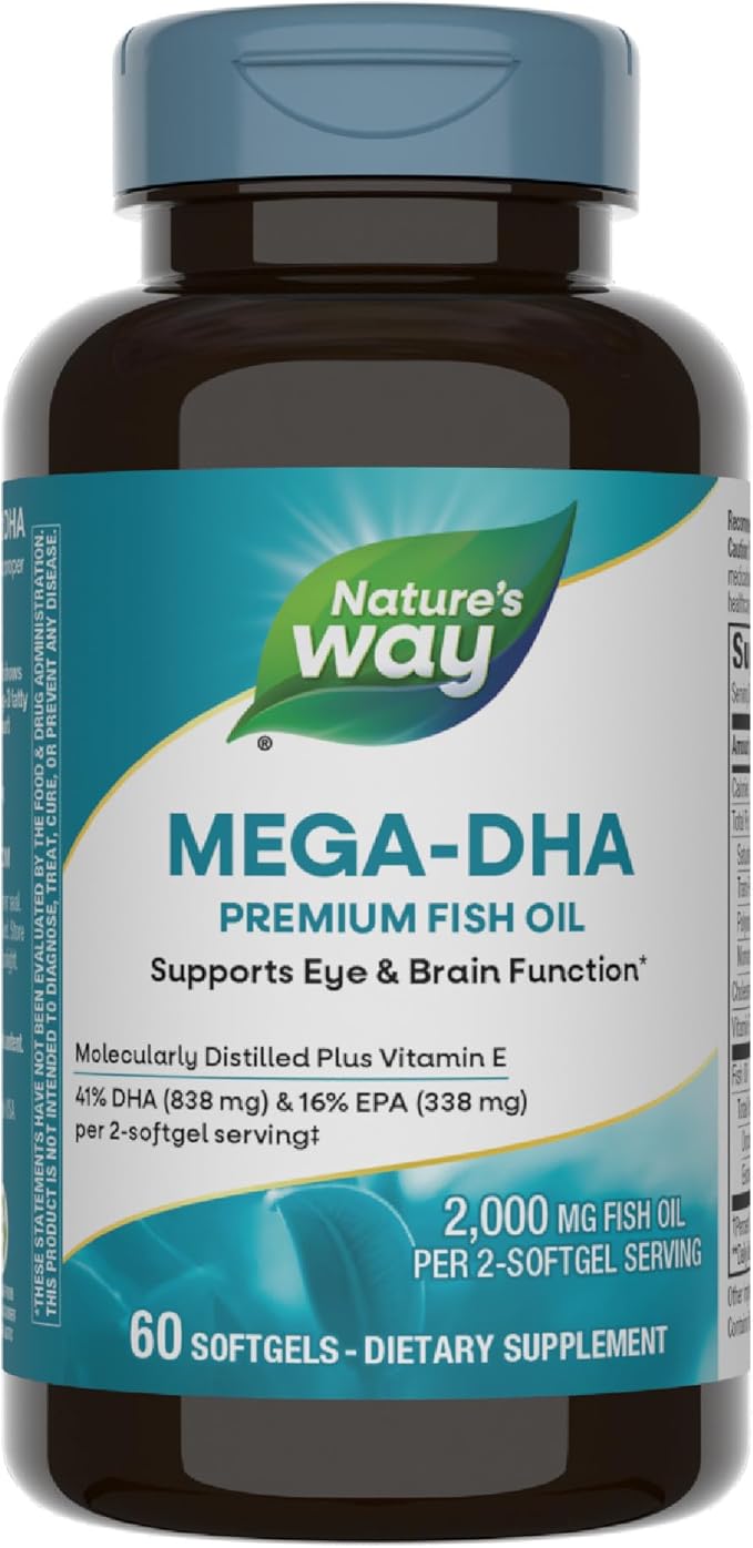 Nature's Way Mega-DHA Premium Fish Oil, Supports Eye and Brain Function*, Omega-3, EPA DHA Omega 3 Supplement, 2,000 mg Fish Oil per 2-Softgel Serving, 60 Softgels (Packaging May Vary)