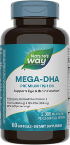 Nature's Way Mega-DHA Premium Fish Oil, Supports Eye and Brain Function*, Omega-3, EPA DHA Omega 3 Supplement, 2,000 mg Fish Oil per 2-Softgel Serving, 60 Softgels (Packaging May Vary)