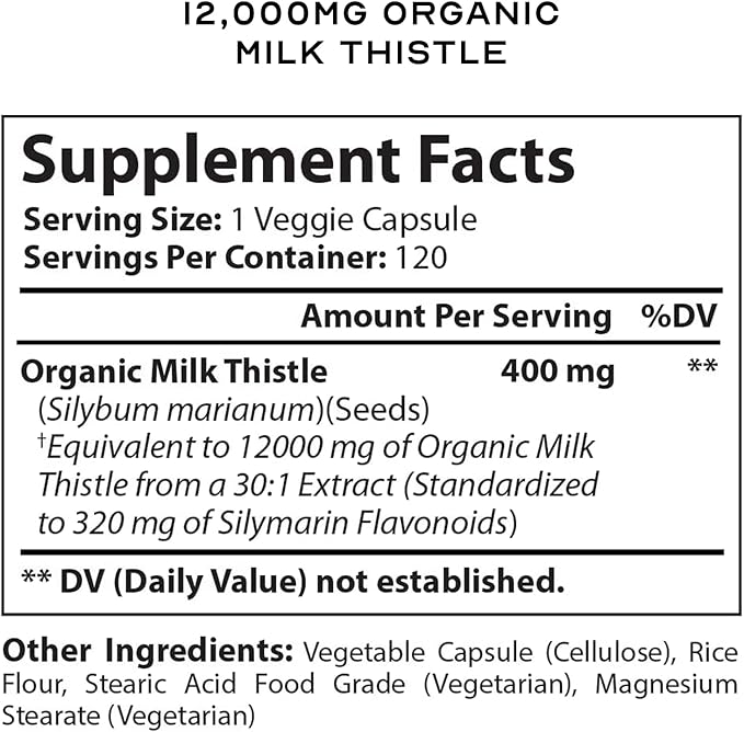 Milk Thistle Liver Cleanse Detox & Repair Support Organic Supplement, 12000 Mg 120 Day 30X Seed Extract with Silymarin, MD Super Ultra Herbal Kidney Lung Renew Aid Health Formula Pills, 120 Capsules