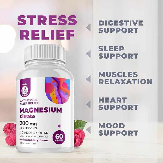 DR. MORITZ Magnesium Citrate Gummies for Adults - Sugar-Free Calm Magnesium Gummies - Supports a Healthy Stress Response - Raspberry Flavor - Non-GMO, 200 mg (60 Count)