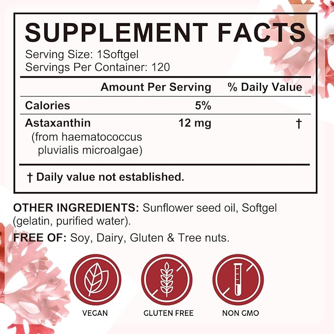 2 Pack Premium Astaxanthin 12mg,120 Softgels | Natural Antioxidant Supplement for Eye, Joint, Skin Health,Microalgae Source | 4 Month Supply | Supports Internal Circulation & Natural Tanning,Non-GMO