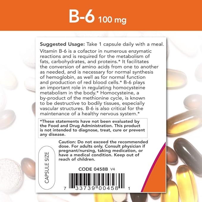 NOW Vitamin B-6 100mg,250 Capsules (Pack of 2)