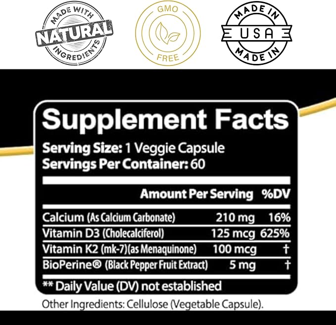 Kaya Naturals Vitamins K2 with D3 5000IU Supplement for Men and Women - Easy to Swallow - Bioperine Capsules (60 Count (Pack of 1)