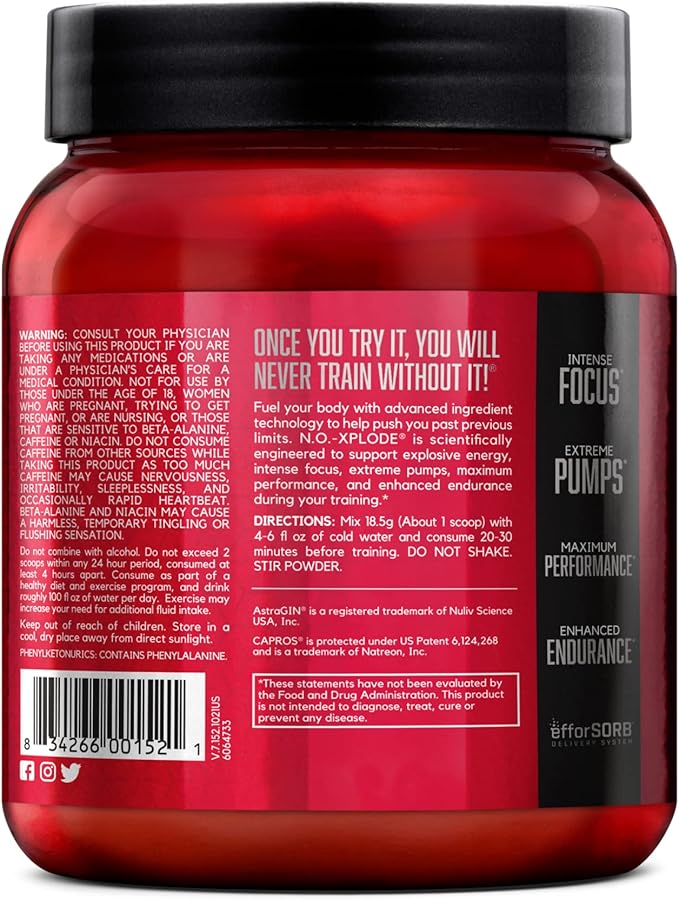 BSN N.O.-XPLODE Pre Workout Powder, Energy Supplement for Men and Women with Creatine and Beta-Alanine, Fruit Punch, 30 Servings, 1.2 Pound (Packaging May Vary)