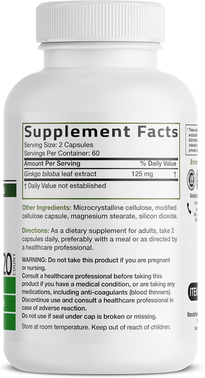 Bronson Ginkgo Biloba Extra Strength Supports Brain Function & Memory Support, 120 Vegetarian Capsules