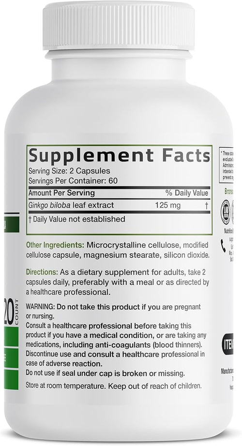 Bronson Ginkgo Biloba Extra Strength Supports Brain Function & Memory Support, 120 Vegetarian Capsules