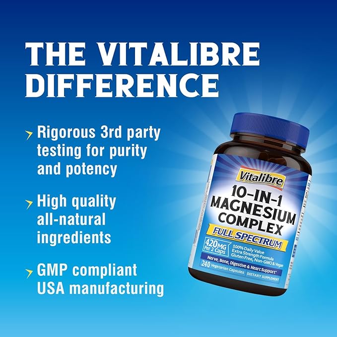 Vitalibre 10 in 1 Magnesium Complex, 420mg Elemental Magnesium | Ultra Strength, Max Absorption | Chelated Magnesium Supplement for Nerves, Bone & Heart Health | Non-GMO, 240 Vegan Capsules