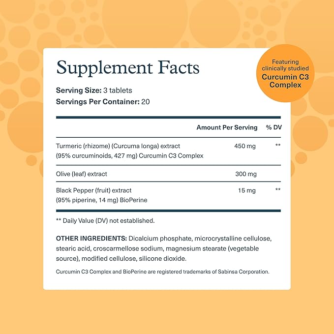 Youtheory Turmeric - 450 mg - with Black Pepper & Olive Leaf - Supports Joint & Brain Health* - Contains Bioenhancers, Curcuminoids & Herbal Extracts - 60 Tablets (20-Day Supply)