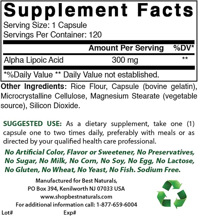 Best Naturals Alpha Lipoic Acid 300 mg & Magnesium Glycinate 425 mg