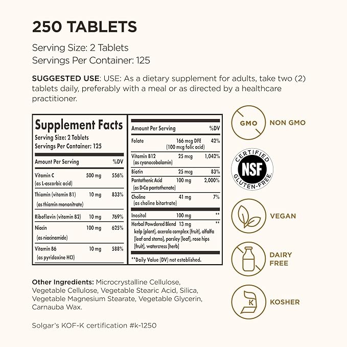 Solgar B-Complex with Vitamin C Stress Formula, 250 Tablets - Energy Metabolism, Nervous System & Immune Support - Non-GMO, Vegan, Gluten Free, Dairy Free, Kosher - 125 Servings