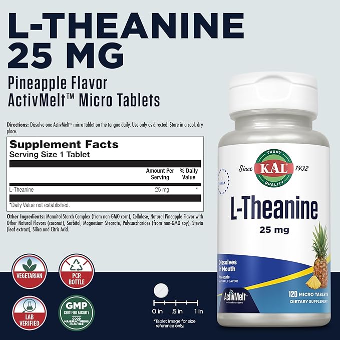 KAL L Theanine 25 mg ActivMelt - Relaxation, Stress, Mood and Focus Supplement - Delicious Natural Pineapple Flavor with Stevia - Vegetarian - 120 Servings, 120 Instant Dissolve Micro Tablets
