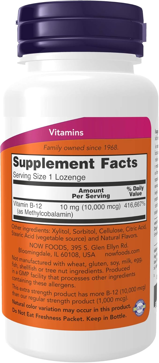 NOW Foods Supplements, Methyl B-12 (Methylcobalamin) 10,000 mcg, Nervous System Health*, 60 Lozenges