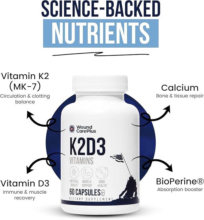 Wound Care Plus Vitamin K2 + D3 Supplement – Helps Maintain Healthy Bones, – Essential Vitamins for Cardiovascular & Skin Wellness – 60 Capsules – Non-GMO, Gluten-Free