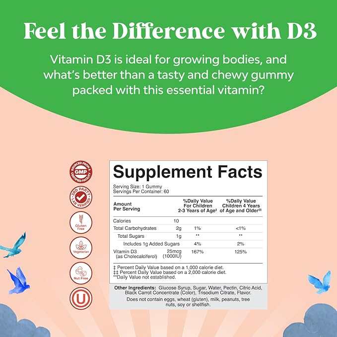 Chewable Vitamin D Gummies for Kids - Delicious Vitamin D 1000 IU Per Serving - Toddlers Immune Support Gummies - Berries Flavored Supplement for Bones Health & Muscles - Gelatin Free - 60 Count