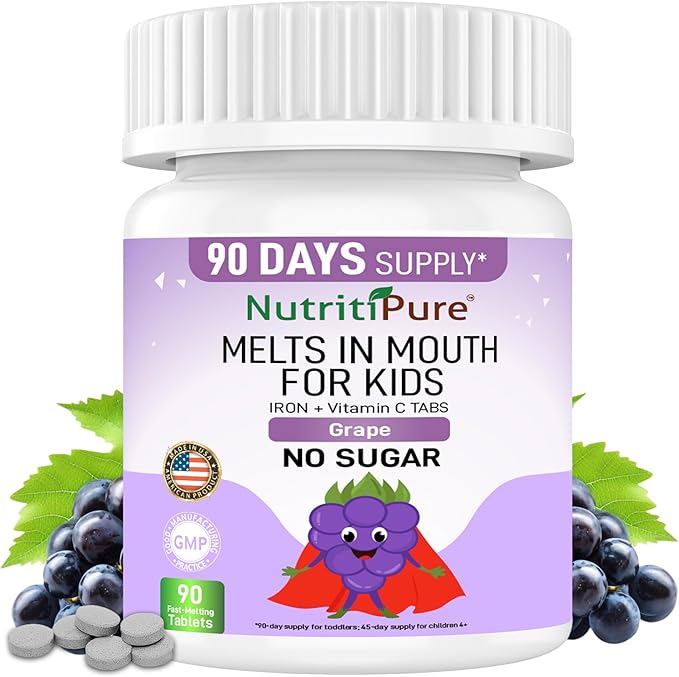 Kids Chewable Iron Supplement, Ferronyl® Carbonyl Iron 9 mg, Vitamin C 30 mg, Grape Flavor, 90 Tablets (1 Bottle)