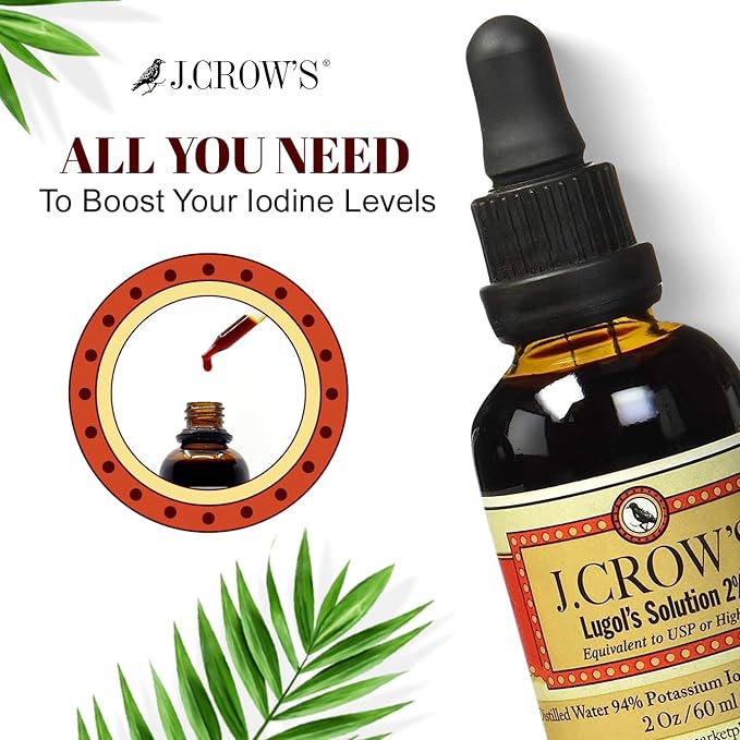 J.CROW'S® Lugol's Iodine 2% Solution, Iodine & Potassium Iodide 2 oz (6 Bottles) - Liquid Supplement Drops - Non-GMO, Alcohol-Free - 1200 Drops