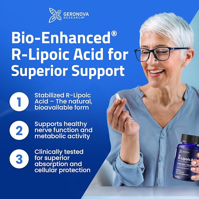 Geronova Research Bio-Enhanced R-Lipoic Acid, 600 mg Capsules - 6 Month Supply - Stabilized R Alpha Lipoic Acid with Enhanced Absorption - R Lipoic Acid Supplement - 360 Count