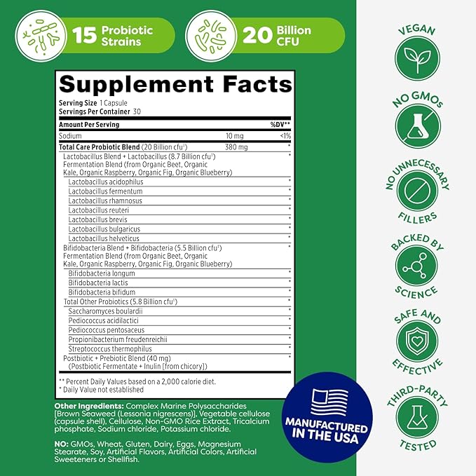 Probulin Total Care Probiotic Supplement, Daily Gut, Digestive, and Immune Health Probiotics Capsules for Men and Women, 20 Billion CFU, Vegan, 30 Count Bottle