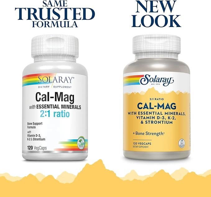 Solaray Cal-Mag with Essential Minerals | Calcium, Magnesium, Strontium, Vitamins D-3 & K-2 | 30 Serv | 120 VegCaps
