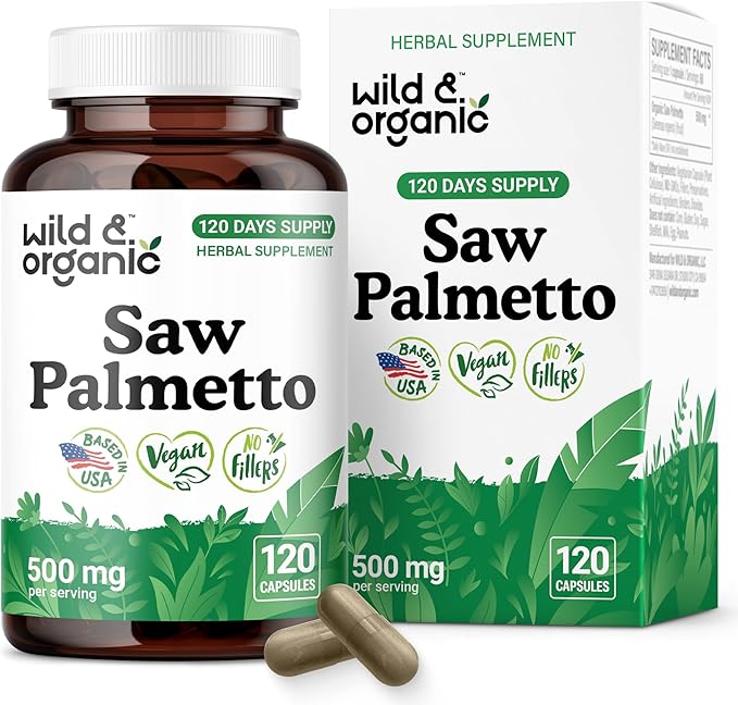 Wild & Organic Saw Palmetto Capsules 500 mg - Urinary Tract Support for Men & Women - Pure Saw Palmetto Supplement - Serenoa Repens Berries - 120 Days of Supply - Vegan, Non-GMO - 120 Count