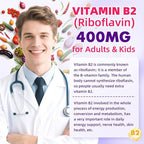 Vitamin B2 Gummies for Kids & Adults, VIT B2 Riboflavin 400mg Supplement with Magnesium for Migraine Relief & Nervous System Support, Non-GMO, Vegan, Raspberry Flavor 60 Count