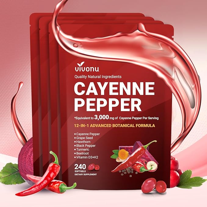 VivoNu Cayenne Pepper Softgels Supplement, Supports Leg Vein, Heart and Blood Vessel Health, with Vitamin E D3+K2 and Extracts of Grape Seed, Hawthorn, Beetroot, Berberine (Softgel / 4 Bag)