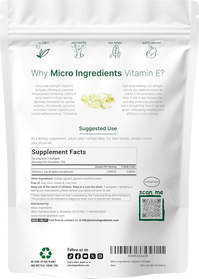 Micro Ingredients Vitamin E 1000 IU, 240 Softgels | Pure Vitamin E Oil Pills | Antioxidant Supplements for Skin and Face | Non-GMO, Gluten Free