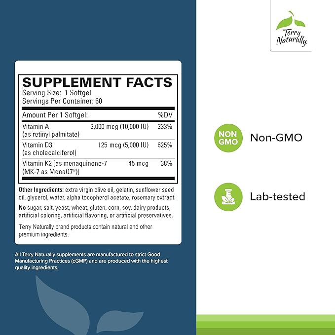 Terry Naturally A•D3•K2 - Healthy Supplement for Immune Support, Heart Health & Bone Support - Supplement for Strong Bones & Healthy Heart - Includes Vitamins A, D3 & K2-60 Softgels (60 Servings)