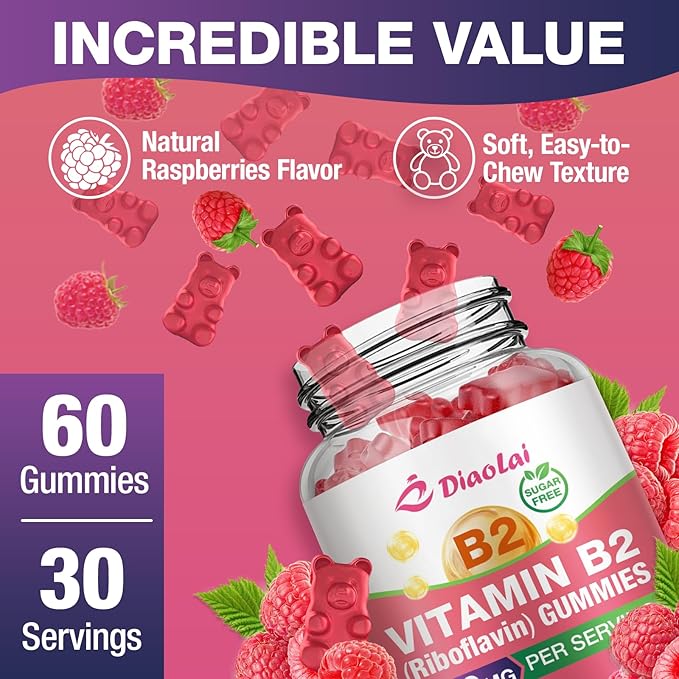Vitamin B2 Gummies Riboflavin 400mg Supplement with Magnesium for Kids & Adults, B2 Gummies for Migraine Relief & Nervous System Support, Vegan, Raspberry Flavor, 60 Count
