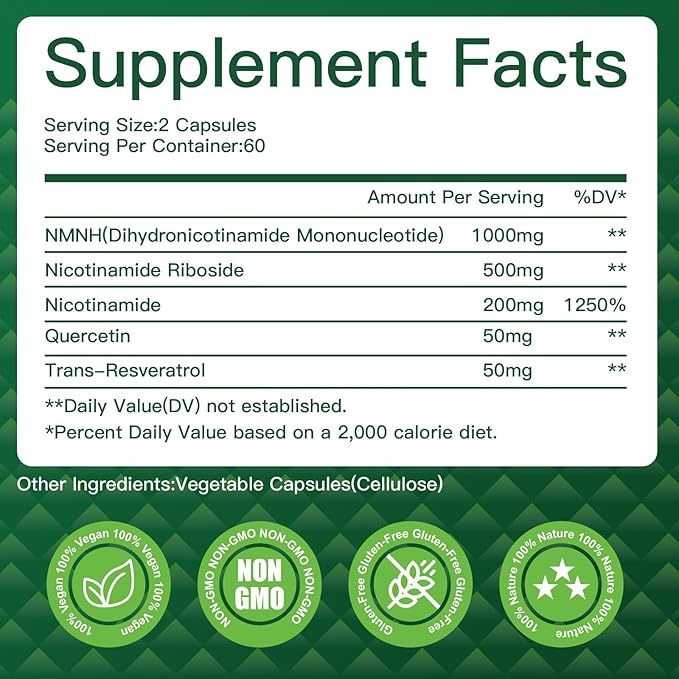 NMNH(Dihydronicotinamide Mononucleotide),NMNH Supplement 1000mg Pure Nicotinamide Mononucleotide,NAD High Purity Supplement Alternative,for Energy,Focus,Non-GMO, Gluten Free,120 Capsules(Pack of 2)