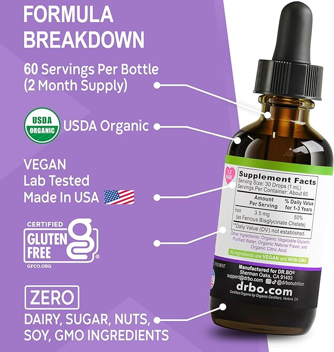 Iron Supplement for Toddlers & Kids - Organic Liquid Iron Drops for Kids, Toddler, Baby, Infant, Toddlers Supplements Ages 1-3 - Organic Vegan Toddler Liquid Drops Supplement, Gluten Free, Non-GMO 2oz