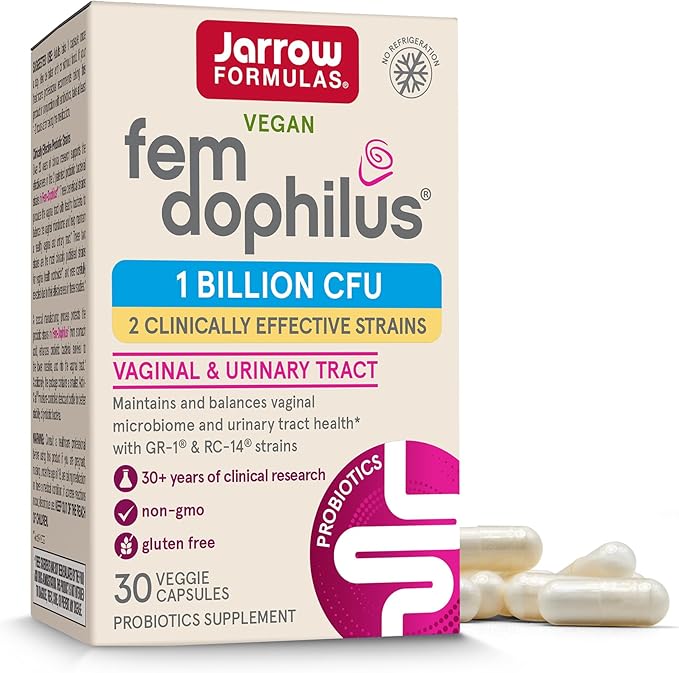 Jarrow Formulas Fem-Dophilus Vaginal Probiotics 1 Billion CFU with 2 Science-Backed Strains, Dietary Supplement for Vaginal & Urinary Tract Support, 30 Capsules, Up to a 30 Day Supply, Shelf-Stable