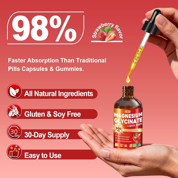 Magnesium Glycinate Liquid Drops 500mg – High Absorption with Vitamin B6, D3, C, Zinc – Supports Mood, Sleep, Heart & Bone Health – Vegan, Non-GMO, Gluten Free – 2 FL OZ, Strawberry Flavor