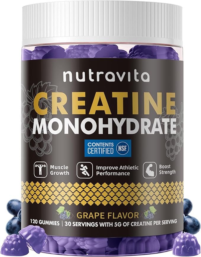 Nutravita Creatine Monohydrate Gummies for Men & Women-5g of Creatine Monohydrate per Serving - Sugar Free,Vegan, Grapes Flavor, 120 Count