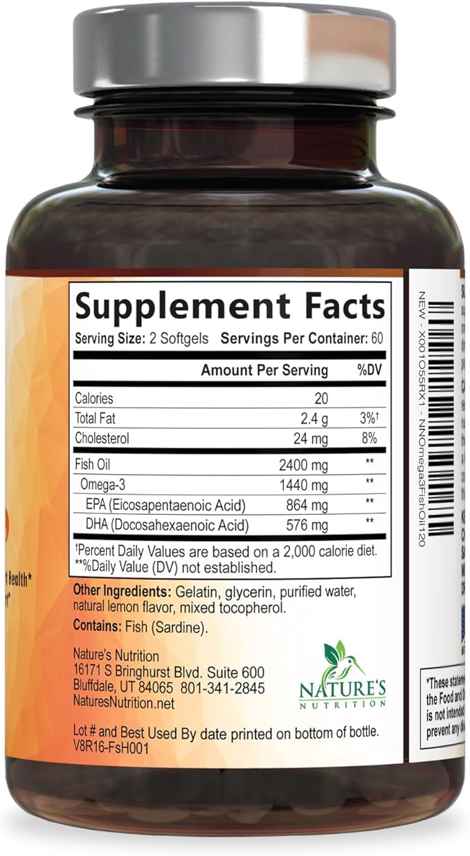 Omega 3 Fish Oil Supplements - 2400mg Fish Oil Per Serving - Triple Strength Omega-3 with EPA & DHA Fatty Acids - Natural Heart, Brain & Immune Support - Wild Caught, Bottled in USA - 120 Softgels