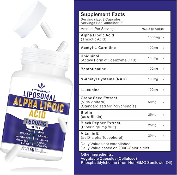 Liposomal Alpha Lipoic Acid 1600mg per Serving, ALA Supplement for Antioxidant Health,Energy and Metabolism, 60 Capsules