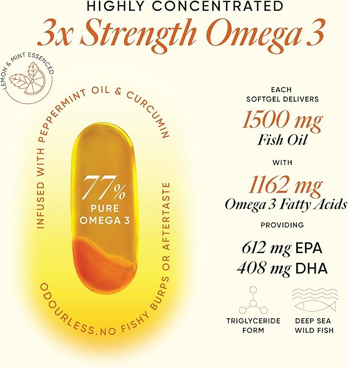 WELLBEING NUTRITION Slow | Extra Virgin Fish Oil 1240mg Omega-3 | EPA, DHA & Curcumin in Advanced Triple Strength 1250mg Fish Oil |Brain, Heart, Joints, Vision & Immunity for Men & Women(60 Capsules)