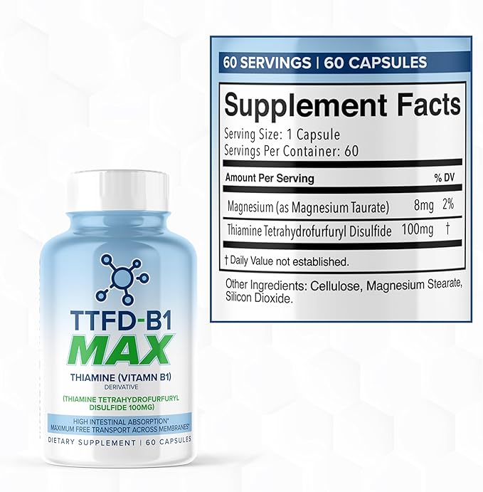 MaxLife Naturals TTFD Thiamine B1 Supplement – 60 Capsules, High Potency Vitamin B1 Thiamine Supplement for Focus, Supports Optimal Nerve Function, TTFD-B1 Max Formula with Magnesium, Made in USA