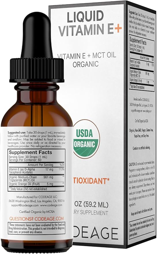 Codeage Liquid Vitamin E+ - USDA-Certified Organic Vitamin E - 2-Month Supply - D-Alpha Tocopherol Acetate, Organic MCT Oil, Orange Fruit Oil, Unflavored, Non-GMO, Vegan, Gluten-Free, 2 fl oz