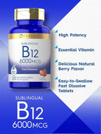 Carlyle Vitamin B-12 6000mcg | 120 Fast Dissolve Tablets | Natural Berry Flavor | Cyanocobalamin & Methylcobalamin | Vegetarian, Non-GMO, and Gluten Free Sublingual Supplement
