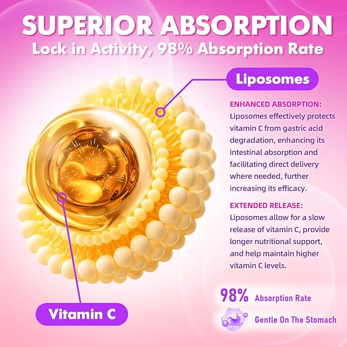 Liposomal Vitamin C 1000mg Gummies for Adults Kids, 1500mg Chewable Vitamin C w/Iron, Zinc & Elderberry - Immune Support & Energy, Collagen Booster, Raspberry, 60 Count