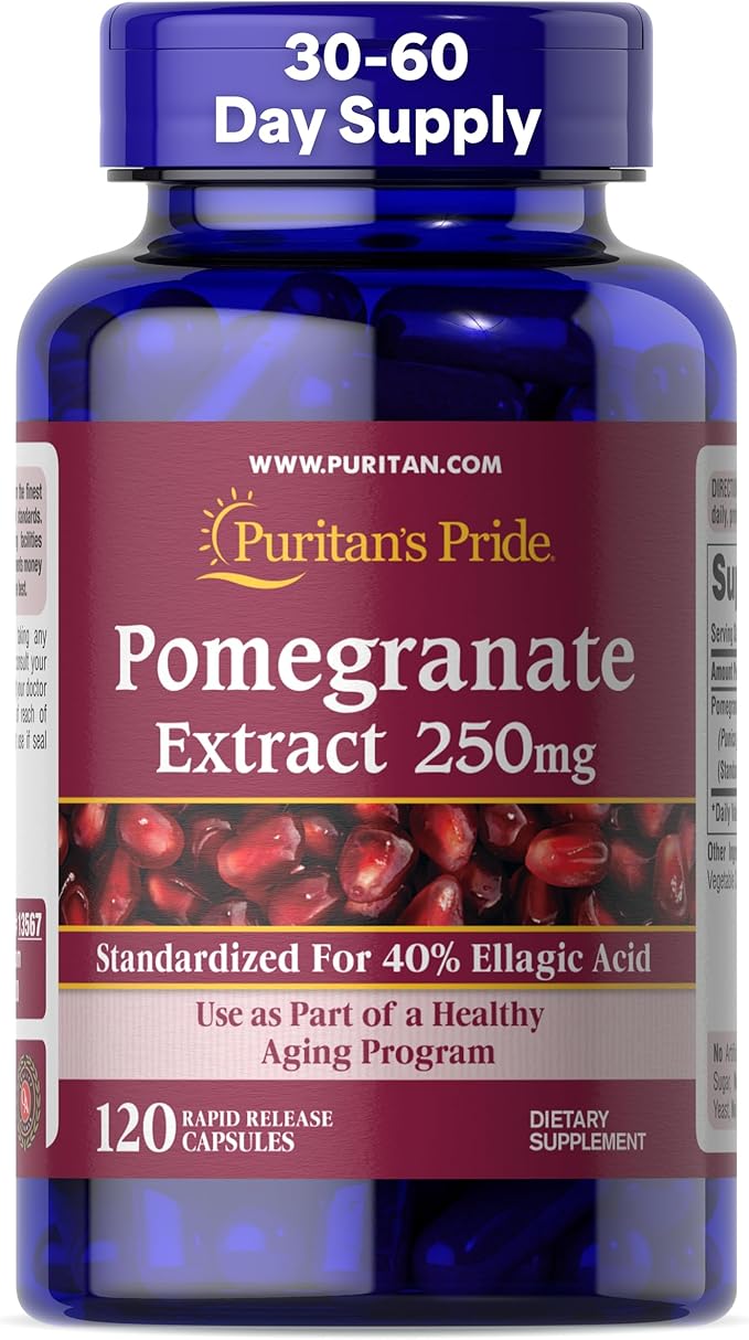 Puritan's Pride Premium Pomegranate Extract 250mg, Dietary Supplement for Antioxidant Health and Healthy Aging Program, 40% Ellagic Acid,120 Rapid Release Capsules (Packaging May Vary)